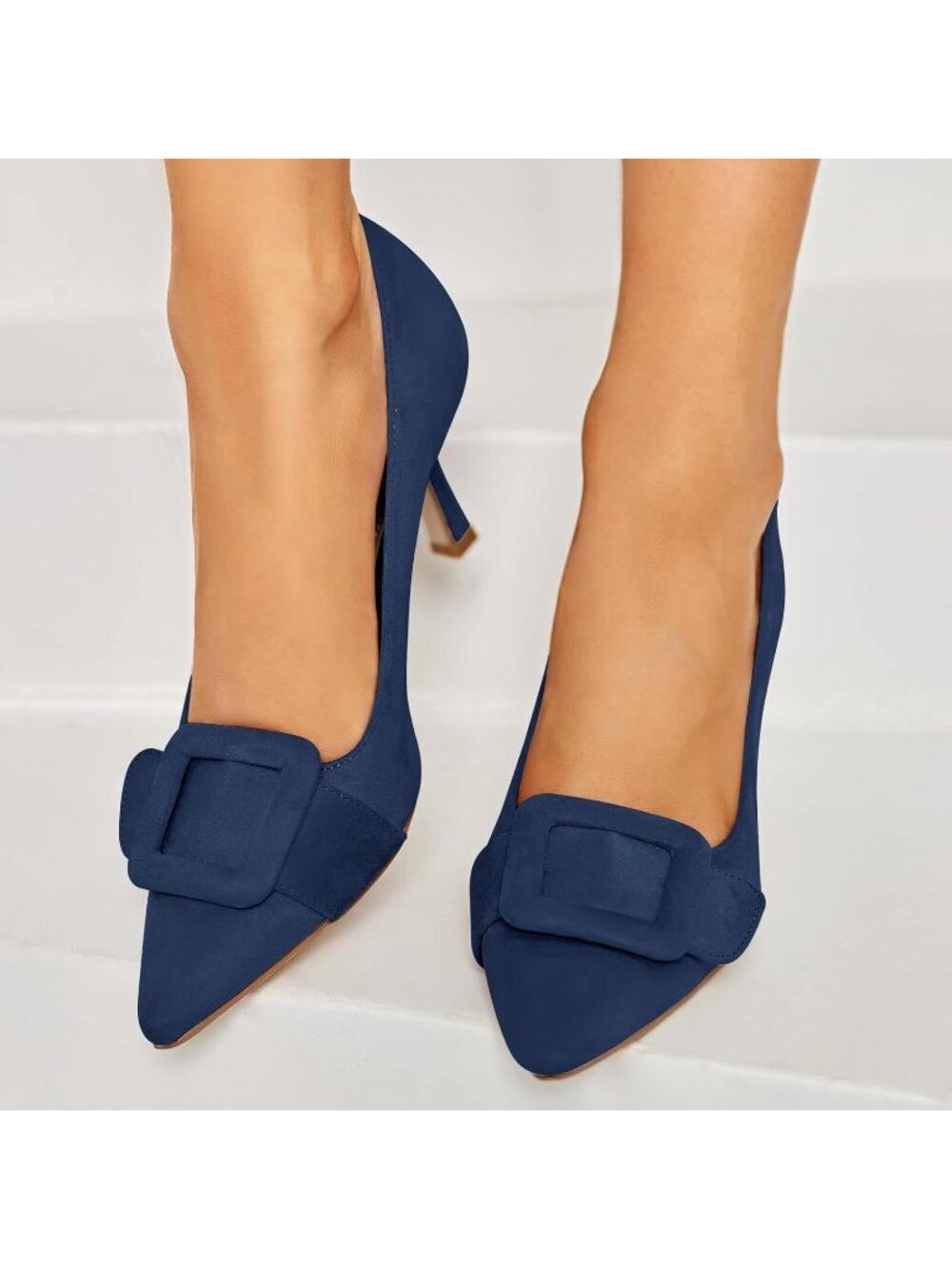 Women's Navy Faux Suede Closed Pointed Toe Stiletto High Heels Pumps Shoes - Picture 4 of 6